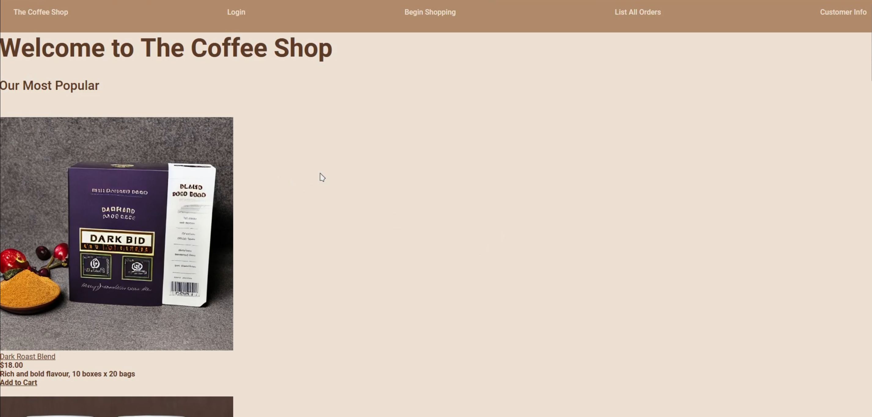 The Coffee Shop home page with recommendations